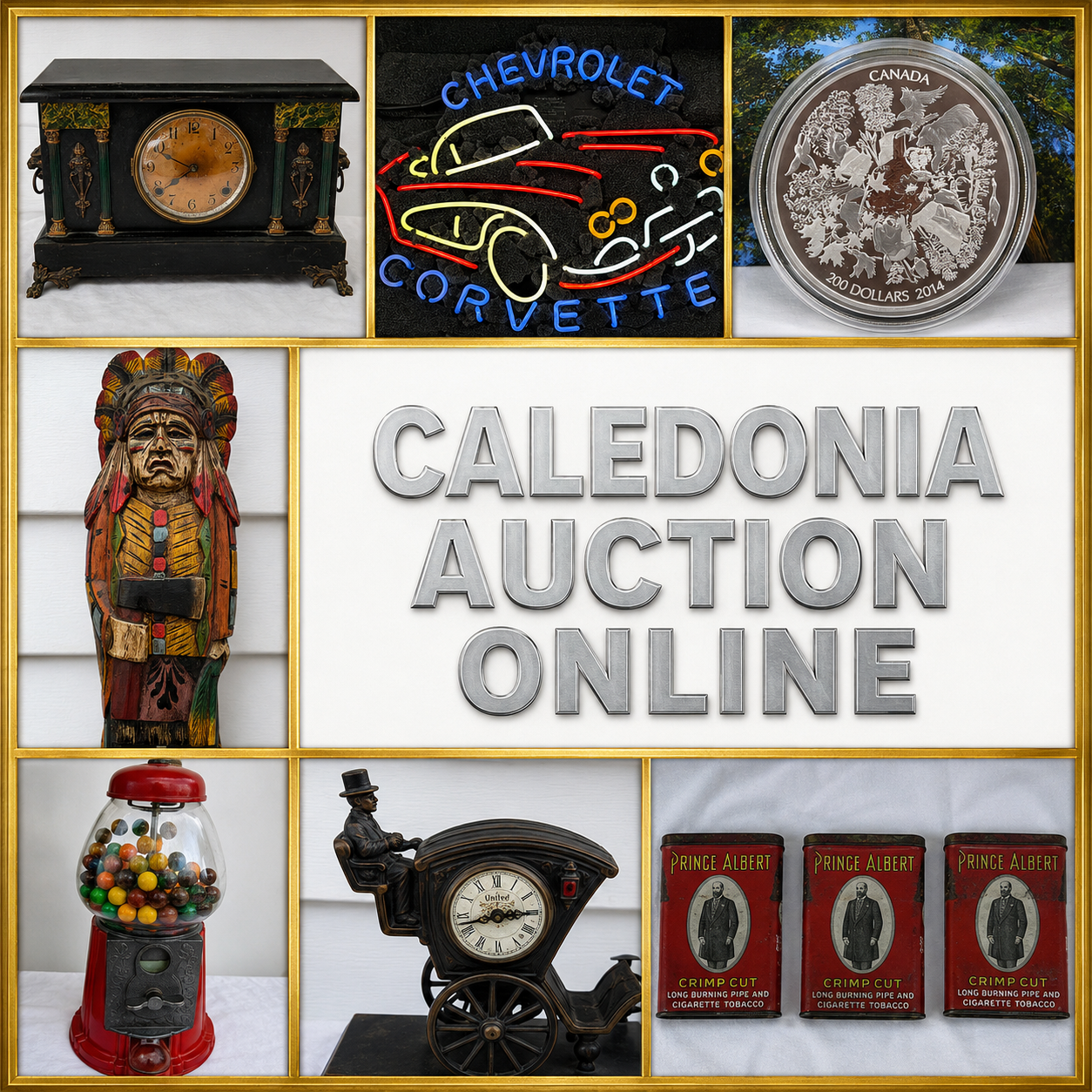 Caledonia Auction Online – featured estate sale items including antique clocks, coins and collectibles
